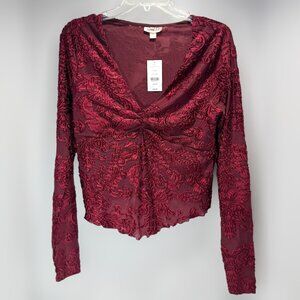 Willow Root Burgundy Velvet Burnout Sheer Long Sleeve Top Medium NWT